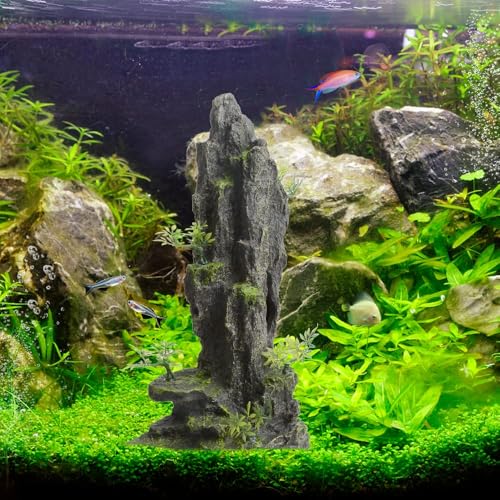 AnRui Aquarium Decorations Large and Tall Mountain View Stone Betta Hideout Fish Tank Accessories Decor Cute Tree Rock Cave Landscape for Turtles, Fish to Play, 14.4inch - size: 8.07" x 4.92" x 14.4"