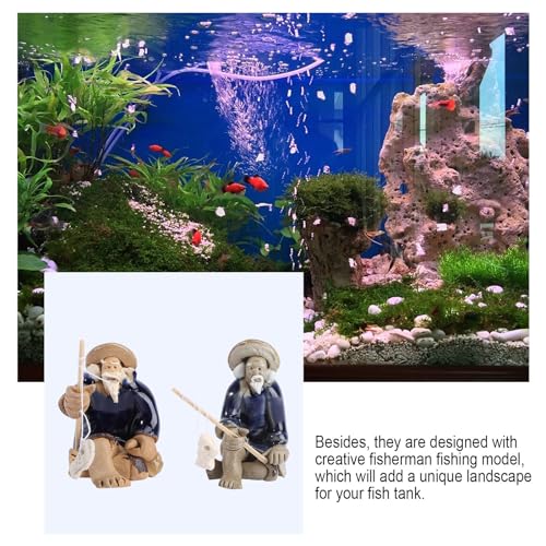 MERRYHAPY 2Pcs Fishing Bonsai Ceramic Fisherman Ornaments Aquarium Decorative Figurines Blue-Clothed Miniature Models for Freshwater Tank Landscaping Fish Tank Accessories