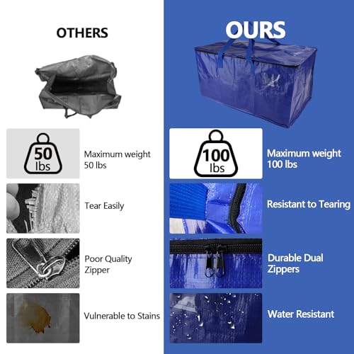 8 Pack Real 100lb Capacity Heavy Duty Moving Bags with Strong Zippers and Reinforced Handles, Extra Large Storage Totes for Packing & Moving Storing, Space Saving Alternative to Moving Boxes-95L,Blue - color: Blue, size: 8 Pack-1