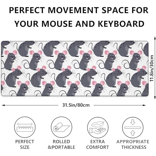 Cute Rat Gaming Mouse Pad, Adorable Gray Mice Large Desk Mat for Computer, Extended Keyboard Laptop Mouse Pads 31.5×11.8in, Non Slip Rubber Mousepad for Office Decor Gifts - color: Rat28