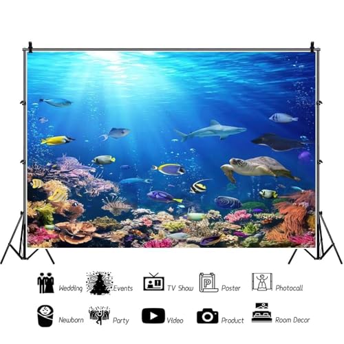 Renaiss 5x3ft Underwater World Backdrop Colorful Tropical Fishs Under The Sea Marine Coral Sunlight Seabed Aquarium Photography Background for Diving Baby Shower Birthday Party Decor Studio Props - color: Blue, size: 5x3ft