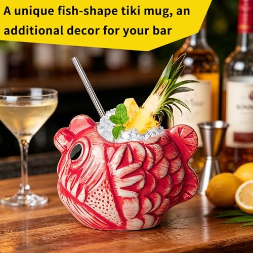 Tiki Mug Glasses Fish Cocktail Cup 1pcs 22oz/650ml Creative Red Tiki Mugs Bar Large Ceramic Hawaiian Themed Tropical Barware for Party Barware