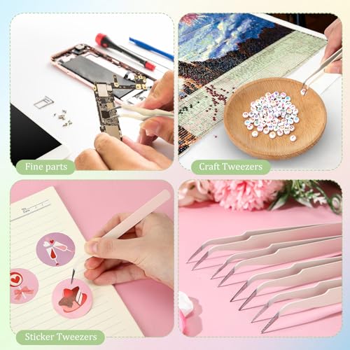 Honoson 9 Pieces Curved Pointed Craft Tweezers Stainless Steel Precision Tweezer with Protective Cover for Rhinestones Dried Flowers Craft Stickers Eyelash Extension Jewelry Making (Gradient Pink) - color: Gradient Pink