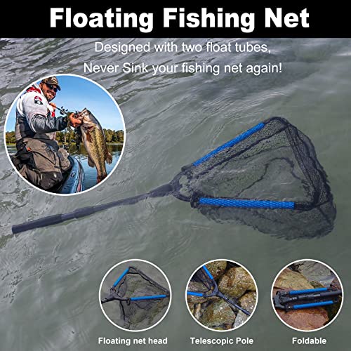 PLUSINNO Fishing Net Fish Floating Landing Net, Kayak Nets with Fixed Foldable Telescopic Pole Handle, Bass Trout Fishing Nets with Nylon Mesh for Pond Lake River, Fishing Gear Gifts for Men Anglers - color: Floating Net,Telescopic Handle/35Full, size: 0.