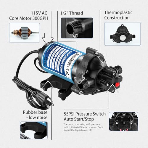 WASSERMANN 115V AC Water Diaphragm Pump,4.5GPM 55PSI 1/2" NPSM,Self-Priming Fresh Water Pressure Booster Pump,Pressure Switch, for Garden Kitchen Bathroom RV Marine Camper - color: Blue1