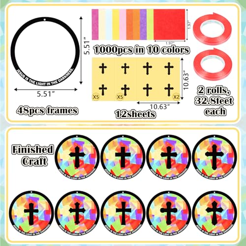 48PCS Sunday School VBS Crafts Bulk: Paper Cross Nativity Suncatchers, Jesus Religious Christian Activity DIY Kits Church Decorations, Window Stained Glass Effect Art Supplies(Round Shape) - style: round shape cross