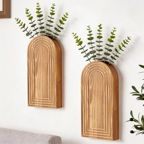 2 Pcs Wooden Wall Vase Set for Decor with 10pcs Artificial Eucalyptus Plants-Boho Hanging Planter Modern Farmhouse Wall Decor for Bathroom Living Room Dining Room Bedroom Kitchen - color: Farmhouse