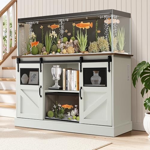 MAGIC UNION 55-75 Gallon Large Fish Tank Stand with Power Outlet, Heavy Duty Aquarium Stand with Sliding Barn Doors, Turtle Reptile Terrarium Stand with Cabinet for Accessories Storage, 1300LBS(White) - color: White