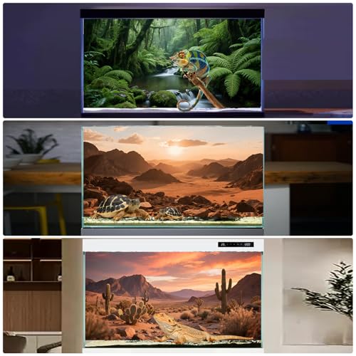 3 Pack Terrarium Background 36x18 inches Polyester Reptile Background，Gobi Sunshine Cactus Stone & Green Tree Fern Stream Terrarium Background - size: 36 x18 inches
