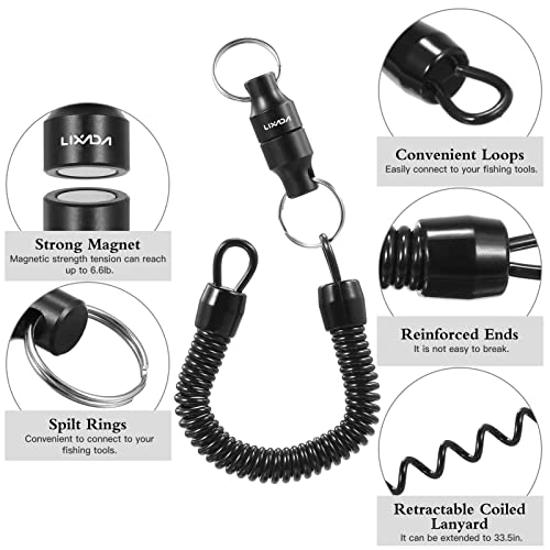 Lixada Magnetic Net Release Holder Fly Fishing Net Retractor Fishing Net Keeper Magnet Clip Landing Net Connector for Fishing Hooks, Lures, Flies, Trout Line - color: Black, style: Connector With Coiled Lanyard