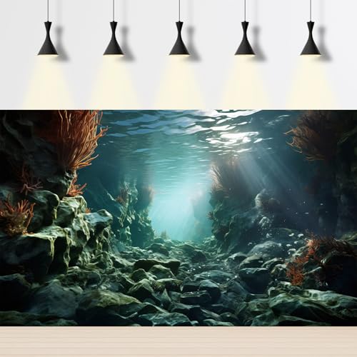 Under The Sea Aquarium Background Underwater Coral Reef Aquatic Plants Fish Tank Background Undersea Cave Marine Life Sunray Terrarium Backgrounds Ocean Floor Scene Reptile Tank Backgrounds 24x16in - color: Blue_Grey, size: 24(W)x16(H)in