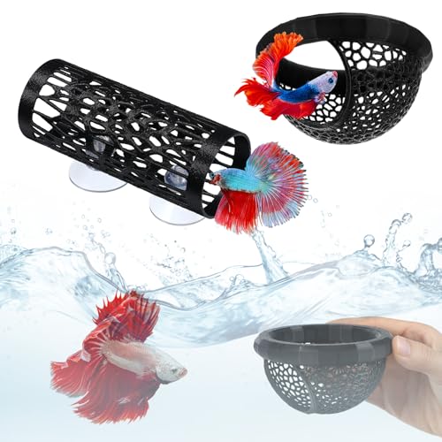 2Pcs Betta Hammock and Fish Toys, Fish Tank Accessories with Floating Betta Hide and Tunnel for Aquarium (Black)