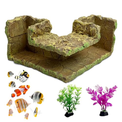 Aquarium Hideaway Cave Underground Tunnel Hideout Wood-Like Fish Tank Cave for Corners View Fish in Aquarium Decoration with 2PCS Plastic Aquatic Plants for Betta Shrimp Guppy Hide