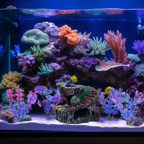 Aquarium Fish Tank Decorations, Montain Ornaments Accessories Decor for Small Aquarium, Spiral Staircase x 1pc, Aquatic Plants x 4pcs