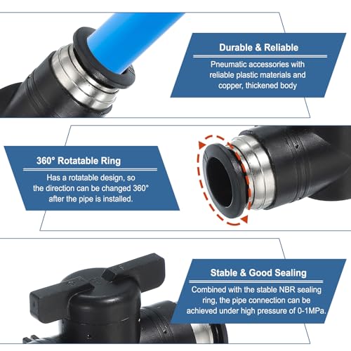 PATIKIL 12mm (1/2") Push to Connect Fittings Ball Valve, 4 Pcs 0-60 Degree BUC Air Flow Control Valve Quick Straight Connectors Air Hose Fitting for Pneumatic System Pipeline, Black - size: 12mm (1/2")