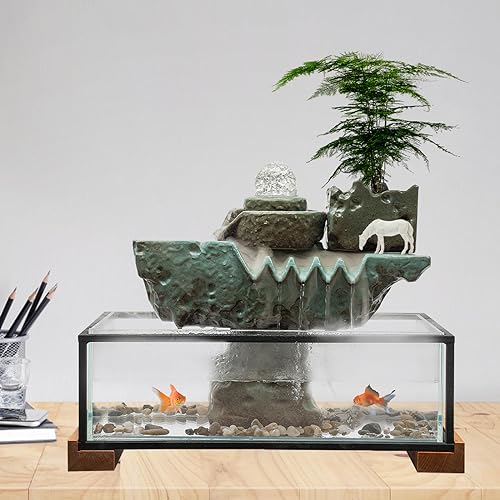 Desktop Water Fountains Indoors with LED Light, Eco Fish Tank for Home Office Decor, Rockery and Aquariums Water Fall Indoor for Living Room Office Deco, Relaxing Desktop Waterfall(16 * 8 * 5in)