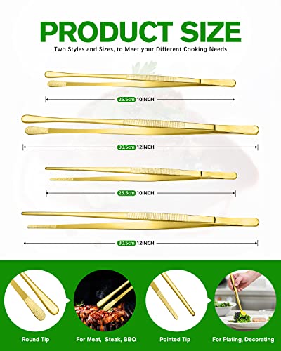 4 Pcs Fine Long Tweezer Tongs Professional Gold, 12'' and 10'' Stainless Steel for Kitchen, Food, Cooking, Repairing, Sea food and BBQ - color: Gold