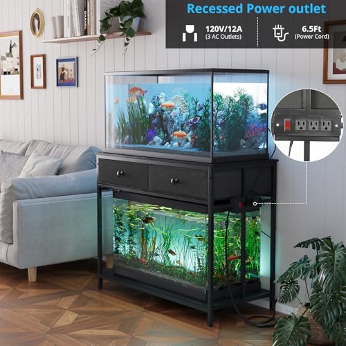 VOWNER 40 Gallon Aquarium Stand with Power Outlet, Metal Frame Fish Tank Stand with Cabinet Storage, Double Turtle Reptile Terrariums Tank Stand, 39.4" L*18.9" W Tabletop, 660LBS Capacity, Black - color: Black