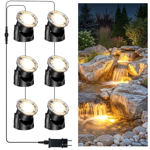 POPOSOAP LED Underwater Pond Lights 6-Head, IP68 Waterproof Pond Lights with Timer, 90° Rotatable Design & Gravity Base Fountain Lights for Pond Fountain Waterfall Aquarium Pool -P66HZ - size: 6 Warm White Lights- Corded Electric