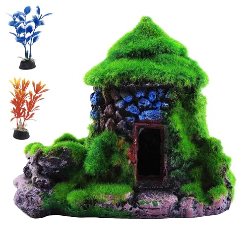 M2cbridge Aquarium Decorations Fish Hideout House Betta Cave with Green Lifelike Moss (Style 1) - style: Style 1