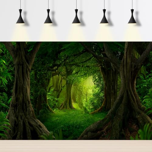 Forest Aquarium Background Lush Green Rainforest Natural Landscape Fish Tank Background Tropical Jungle Forest with Sunbeams Old Trees Reptile Tank Enclosure Backgrounds Wallpaper 24x12in - color: Dark Green, size: 24(W)x12(H)inches/ 60(W)*30cm(H)