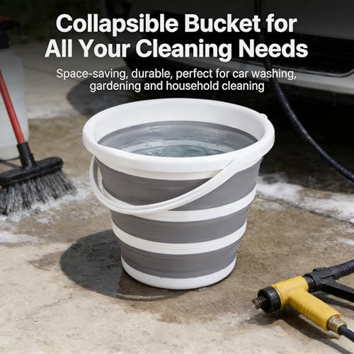 Collapsible Bucket, Collapsible Mop Bucket, 10L 2.6 Gallon Car Wash Bucket, Indoor and Outdoor Foldable Portable Bucket with Handle for Windows Cleaning, Camping, Beach, Space Saving, Gray & White