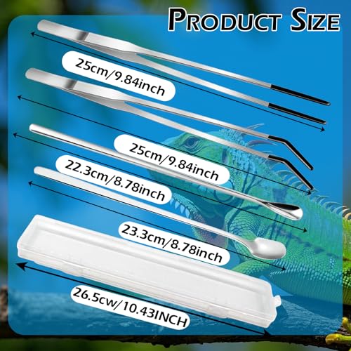 4-Piece Stainless Steel Reptile Feeding Tongs & Spoons Set with Case: 10.5"" Curved/Straight Tweezers, 7"" Spoons, Rubber Tips for Bearded Dragons, Aquarium/Terrarium Safe Feeding Tools
