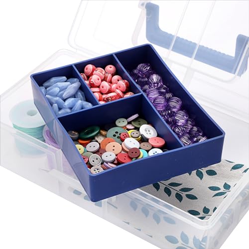 JUXYES Plastic Carry Storage Box with Removable Dividers, Clear Art Craft Supply Storage Bin Sewing Box with Handle Lid, 2 Layers Stationery Storage Case for School/Office Supplies - color: Blue