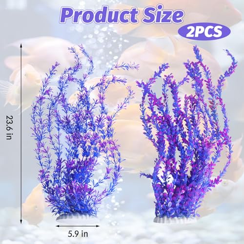 Hamiledyi Aquarium Plastic Plants Aquarium Decor Artificial Fish Tank Plants,Tall Fish Tank Decorations, Extra Large Aquarium Plant 23.6-inch Tall,2PCS（Purple Style B） - color: Purple（style B）