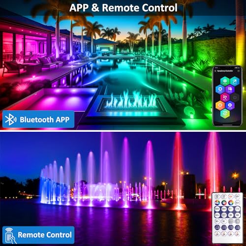 T-SUN Colored Pond Lights with APP and Remote Control – Bright LED Underwater Submersible Fountain Lights, IP68 Waterproof Landscape Spotlight for Garden Koi Pond Aquarium Fish Tank (Set of 4) - size: Set of 4