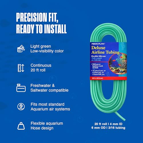 Penn-Plax Deluxe Airline Tubing for Aquariums – Made of Durable Silicone – Safe for Freshwater and Saltwater Fish Tanks – 20 Feet - size: 20 Feet, style: Silicone