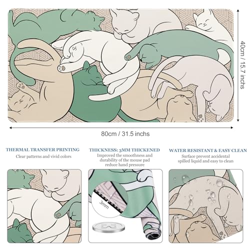 Desk Pad Cat, Desk Matt for Desktop, Cute Sleeping Cat Gaming Mouse Pad Extend XXL Large Desk Mat Anti-Slip Stitched Edges Waterproof Computer Laptop Keyboard Mat for Game, Home, Work, Office - color: Sleeping Cat, size: 31.5" x 15.7"