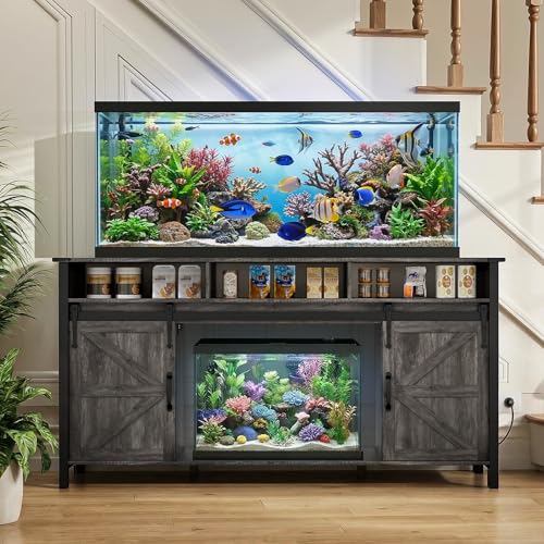 VOWNER 75-120 Gallon Fish Tank Stand with Power Outlet, Farmhouse Aquarium Stand with Storage Cabinet & Sliding Barn Doors, Heavy Duty Reptile Tank Stand, for 2 Tanks, 1000LBS Capacity, Grey - color: Grey