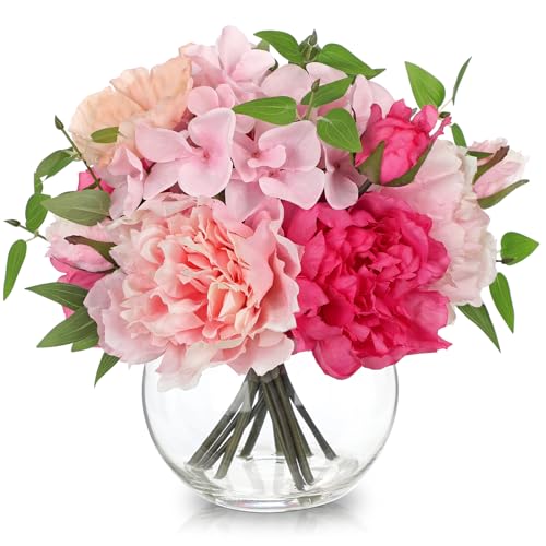 Artificial Flower in Vase, Faux Silk Flowers Arrangement Peony Hydrangea Poppy Eucalyptus Bouquet with Faux Water, Fake Floral Centerpiece for Dining Table Home Decor Wedding Office Shelf - Pink - color: Hot Pink