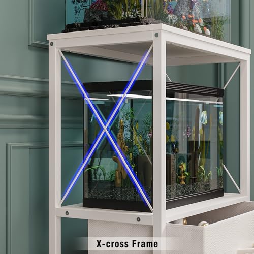 Fish Tank Stand 10 Gallon with 2-Tier Shelf, Aquarium Stand with 2 Drawers, Metal Frame Heavy Duty Reptile/Turtle Tank Stand for Home Office, Fish Tanks Accessories Storage, White - color: White