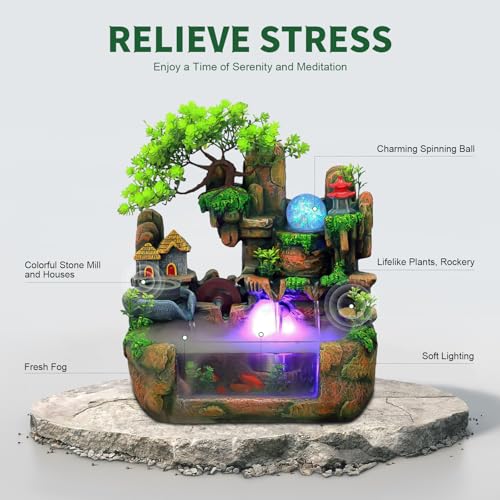 Waterfall Fountain, Desktop Fish Tank Fountain with Atomizer, Fisherman and Colorful LED Lights, for Living Room, Bedroom, Yoga Room, Office, Study, Meditation Room - size: D