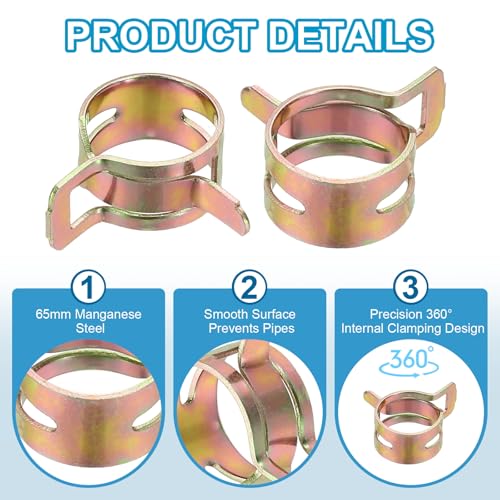 PATIKIL Spring Band Hose Pipe Clamps for 15-17.4 mm OD Hose, 30 Pack Silicone Vacuum Constant Tension Band Clips for Fuel Line Silicone Air Hose Tube Water Pipe, Gold - size: 15-17.4 mm