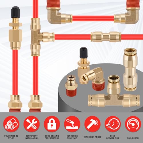 CheeMuii 76 PCS Brass DOT Air Line Fittings with 100FT 1/4" and 50FT 3/8" Red DOT Air Lines Kit Push Lock Air Line Quick Connect Fittings with Pneumatic Tubing Set - size: 2ROLL-80PCS-RED