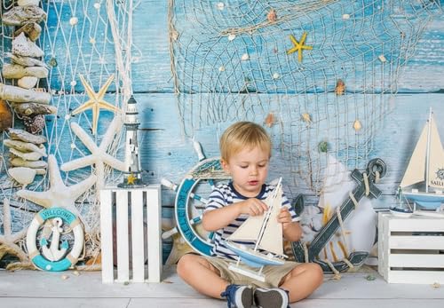 Kate 7x5ft Nautical Vintage Coastal Ocean Theme Backdrops for Photography with Starfish Anchor Sailboat Blue Wooden Wall Photo Background for Birthday Party Baby Shower Photo Booth Studio Props - size: 7x5ft