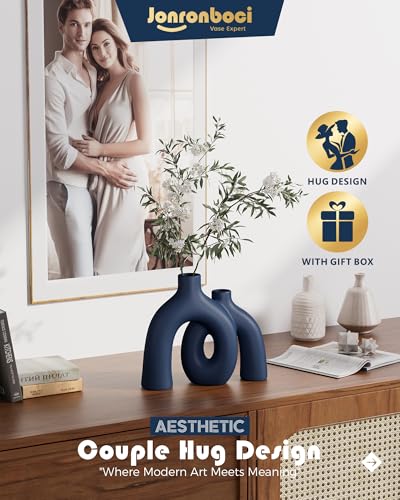 Hug Donut Decorative Vase Set - Navy Blue Vase, Modern Coastal Style Vases Home Decor, Matte Ceramic Decorations for Living Room Shelf, Bookshelf Mantle Entryway Table or Console Décor (Navy Blue) - color: Navy Blue