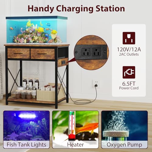 20-29-37Gallon Fish Tank Stand with Power Outlet, Heavy Duty Metal Aquarium Stand with Two Storage Drawers for Fish Tank Accessories Storage, Perfect for Turtle Tank, Reptile Terrarium, Brown - color: Brown, size: 20-29-37 Gallon