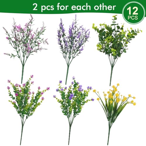 Hananona 12 Pcs Artificial Flowers Outdoor, Faux Artificial Plants UV Resistant Plastic Flower Bulk for Hanging Planter Porch Window Home Wedding Fall Summer Decor (12, Fuchsia, Purple, Yellow, Green) - color: Fuchsia, Purple, Yellow, Green