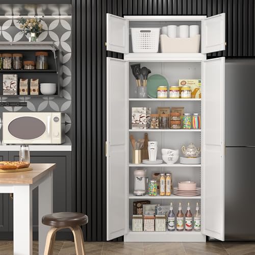 Steeloong86“ Kitchen Pantry Cabinet,Metal Storage Cabinets with Doors and 4 Adjustable Shelves,White Kitchen Cabinet with 4 Gold Handles,Tall Cabinet for Livingroom,Pantry, Bathroom - color: White, size: 86"H-A