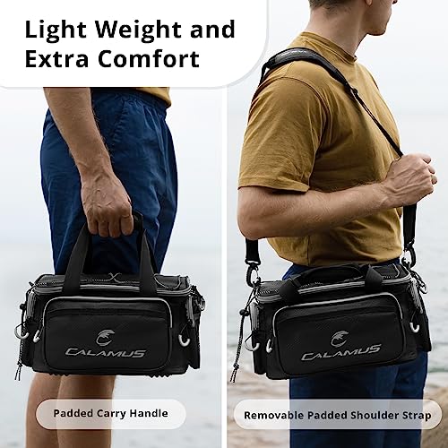 Calamus Fishing Tackle Bags - Saltwater & Freshwater Fishing Bags - Rip-Stop PE - Padded Shoulder Strap - Pliers Storage - Black - color: D：Black(without trays)-14.3*9*7.5 inches