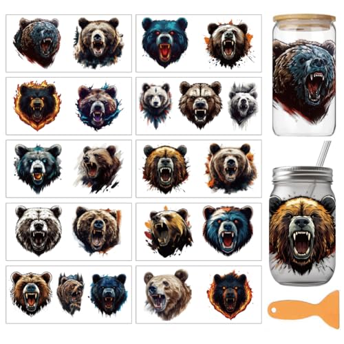 arricraft 10 Sheets Beast Theme UV DTF Cup Wrap for 16OZ Glass, Bear Head Rub on Decals PVC Transfer Stickers for DIY Cups Wood Funiture 24x11cm/9.4x4.3inch - style: Beast Theme