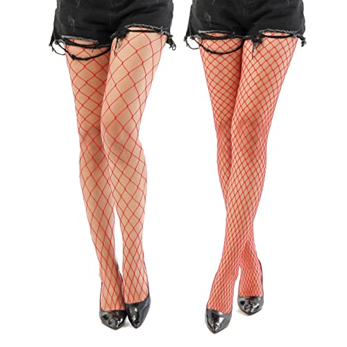 EVERSWE High Waist Fishnet Tights, Thigh High Suspender Stockings - color: Red (Large Grid+medium), size: Large-X-Large