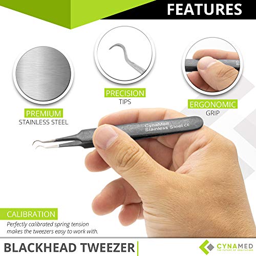 Blackhead Tweezer - Professional Curved Steel Tip Surgical Comedone & Splinter Extractor. Ideal Blemish & Acne Remover Tool Means Flawless Facial Skin (Black) - color: Black