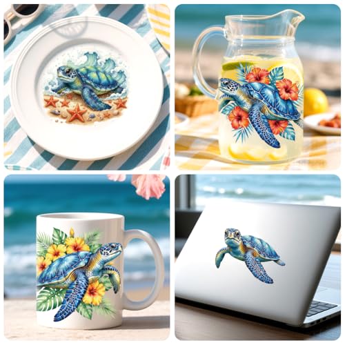 Peacoblue 18 Sheets Rub on Transfers for Crafts, Blue Sea Turtle with Coral Flowers 3.6"x3.9" UV DTF Cup Wraps Waterproof Cold Transfers Stickers for Glass Metal Cup Tumblers Mirrors Mugs Home Decor - style: Blue Sea Turtle with Coral Flowers