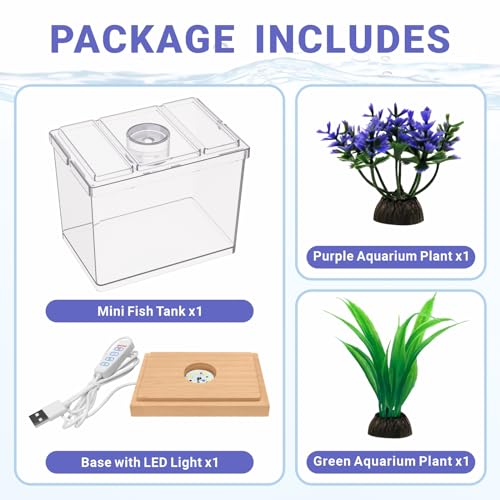 Mini Betta Fish Tank Kit with LED Light Base, Small Fish Bowl for Temporary Space, 0.2 Gallon Stackable Cube Tank with Artificial Plants for Small Fish, Insect, Shrimp, Crab, Spider (Kit-2)