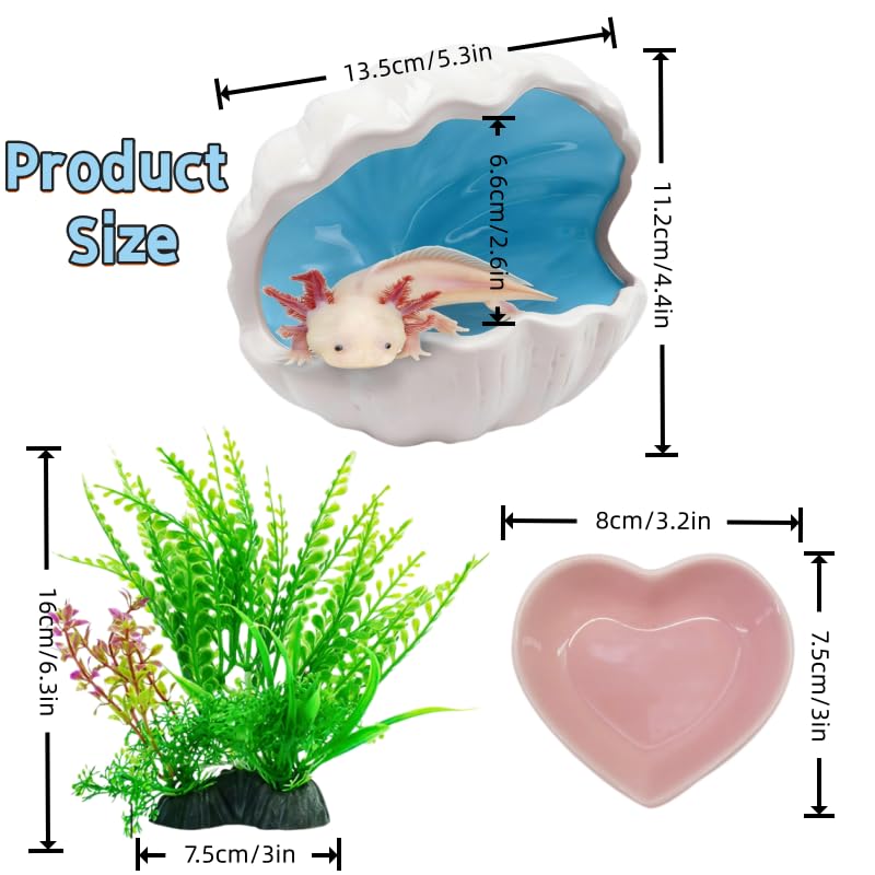 3Pcs Axolotl Tank Accessories, Hide Shell Shape Ceramic Fish Tank Cave, Silk Plants, Feeder Bowl, Fish Tank Decor Shelter for Small Pet Frog Fish Betta (Extra Large, Blue)